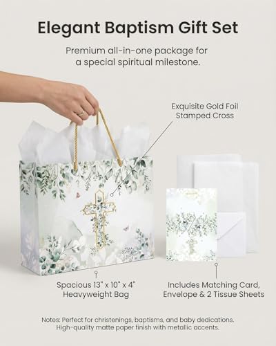 Bolsa de Regalo GFInYHM para Bautizo con Tarjeta y Papel de Seda, Set de 13 con Cruz de Foil Dorado y Hojas de Eucalipto para ra Comunión, Bautizo, - imagen 2
