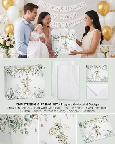 Bolsa de Regalo GFInYHM para Bautizo con Tarjeta y Papel de Seda, Set de 13 con Cruz de Foil Dorado y Hojas de Eucalipto para ra Comunión, Bautizo, - imagen 3