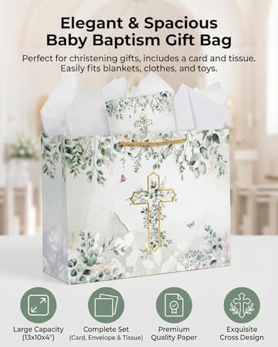 Bolsa de Regalo GFInYHM para Bautizo con Tarjeta y Papel de Seda, Set de 13 con Cruz de Foil Dorado y Hojas de Eucalipto para ra Comunión, Bautizo, - imagen 4