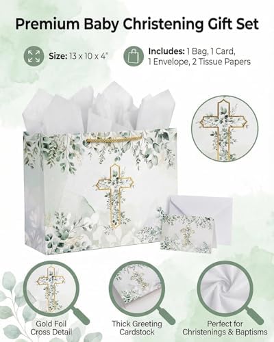 Bolsa de Regalo GFInYHM para Bautizo con Tarjeta y Papel de Seda, Set de 13 con Cruz de Foil Dorado y Hojas de Eucalipto para ra Comunión, Bautizo, - imagen 6