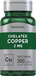 Suplemento de Cobre Quelado Piping Rock 2 mg | 300 Tabletas | Vegetariano, Sin OGM, Sin Gluten - imagen 1