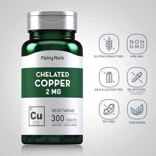 Suplemento de Cobre Quelado Piping Rock 2 mg | 300 Tabletas | Vegetariano, Sin OGM, Sin Gluten - imagen 3