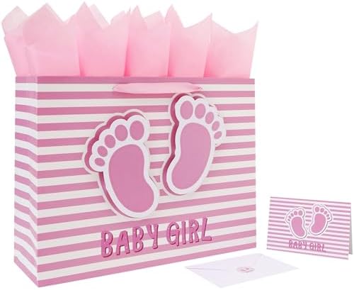 Set de Bolsa de Regalo Extra Grande de 16.5'' para Niña con Asas, Tarjeta de Felicitación, Papel de Seda Rosa y Stickers para Baby Shower y - imagen 1