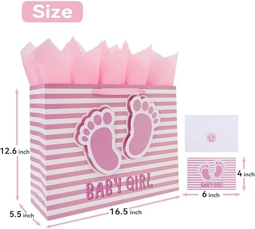 Set de Bolsa de Regalo Extra Grande de 16.5'' para Niña con Asas, Tarjeta de Felicitación, Papel de Seda Rosa y Stickers para Baby Shower y - imagen 2