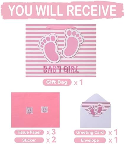 Set de Bolsa de Regalo Extra Grande de 16.5'' para Niña con Asas, Tarjeta de Felicitación, Papel de Seda Rosa y Stickers para Baby Shower y - imagen 3