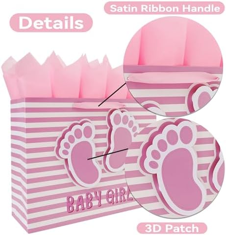 Set de Bolsa de Regalo Extra Grande de 16.5'' para Niña con Asas, Tarjeta de Felicitación, Papel de Seda Rosa y Stickers para Baby Shower y - imagen 4