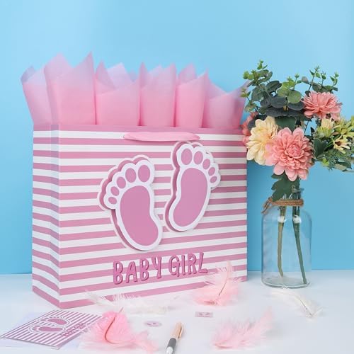 Set de Bolsa de Regalo Extra Grande de 16.5'' para Niña con Asas, Tarjeta de Felicitación, Papel de Seda Rosa y Stickers para Baby Shower y - imagen 5