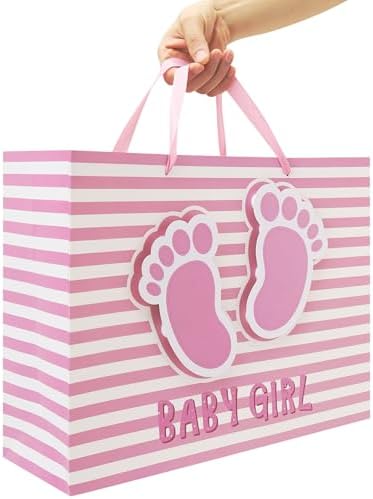 Set de Bolsa de Regalo Extra Grande de 16.5'' para Niña con Asas, Tarjeta de Felicitación, Papel de Seda Rosa y Stickers para Baby Shower y - imagen 6