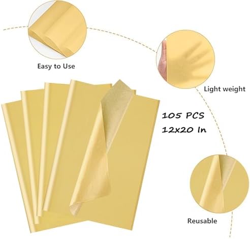 Papel de Seda Dorado para Regalos, 105 Hojas de Papel Metalizado para Manualidades, 12 x 20 Pulgadas, Ideal para Decoración de Flores - imagen 2