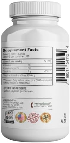 HEALTH LFE Lecitina 1200mg, Alta Potencia, 120 Cápsulas Blandas, Mezcla Natural de Ácidos Grasos Esenciales para Apoyar la Función Cerebral y Nerviosa - imagen 3