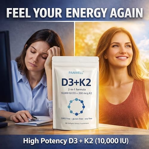 Suplemento de Vitamina D3 K2 PANWELL 10000 UI con MK-7 200 mcg, Aceite de Coco, 180 Cápsulas Blandas, Apoya la Absorción de Calcio y la Salud Ósea, - imagen 2