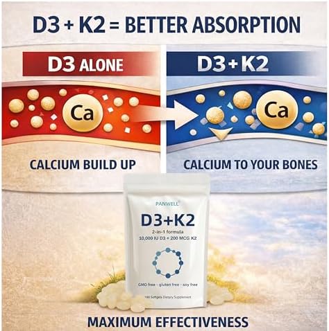Suplemento de Vitamina D3 K2 PANWELL 10000 UI con MK-7 200 mcg, Aceite de Coco, 180 Cápsulas Blandas, Apoya la Absorción de Calcio y la Salud Ósea, - imagen 4
