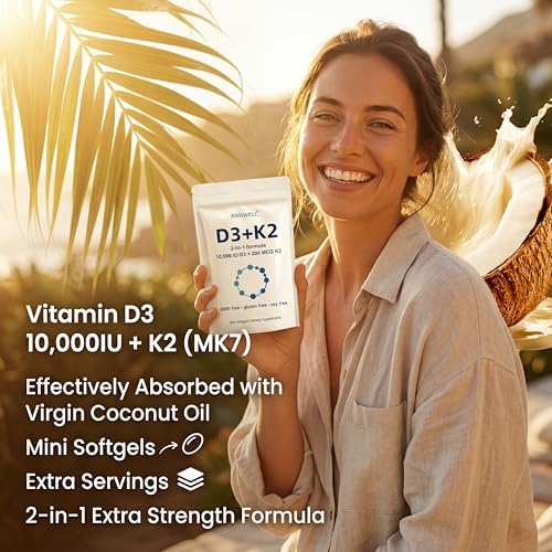 Suplemento de Vitamina D3 K2 PANWELL 10000 UI con MK-7 200 mcg, Aceite de Coco, 180 Cápsulas Blandas, Apoya la Absorción de Calcio y la Salud Ósea, - imagen 6