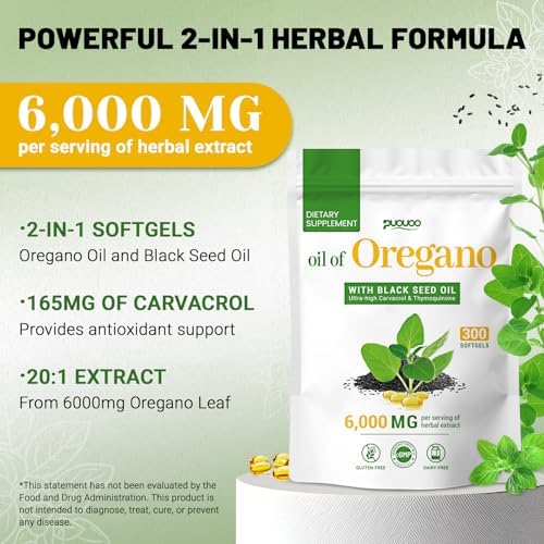 Cápsulas Puouoo 2 en 1 de Aceite de Orégano - Aceite de Orégano con Aceite de Semilla Negra, Suplemento Herbal con Carvacrol | 300 Cápsulas - - imagen 2
