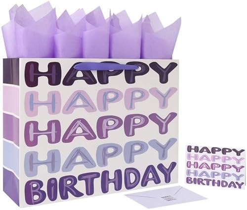Set de Bolsa de Regalo Extra Grande Qirrmiy de 16.5 Morada para Cumpleaños con Asas, Tarjeta de Felicitación, Papel de Seda y Stickers, 1 Pz - imagen 1
