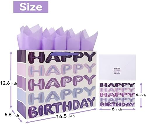 Set de Bolsa de Regalo Extra Grande Qirrmiy de 16.5 Morada para Cumpleaños con Asas, Tarjeta de Felicitación, Papel de Seda y Stickers, 1 Pz - imagen 2
