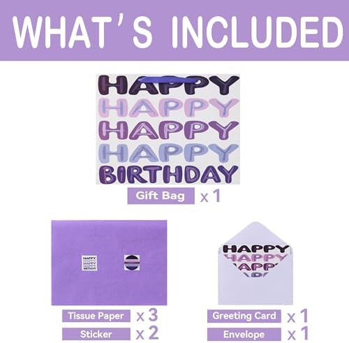 Set de Bolsa de Regalo Extra Grande Qirrmiy de 16.5 Morada para Cumpleaños con Asas, Tarjeta de Felicitación, Papel de Seda y Stickers, 1 Pz - imagen 3
