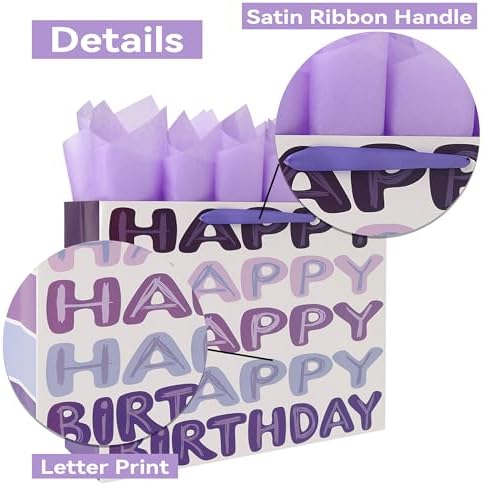 Set de Bolsa de Regalo Extra Grande Qirrmiy de 16.5 Morada para Cumpleaños con Asas, Tarjeta de Felicitación, Papel de Seda y Stickers, 1 Pz - imagen 4
