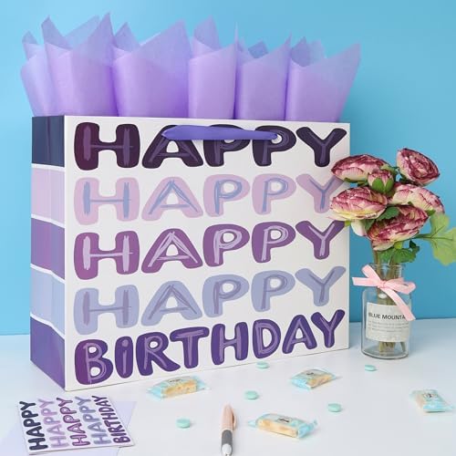 Set de Bolsa de Regalo Extra Grande Qirrmiy de 16.5 Morada para Cumpleaños con Asas, Tarjeta de Felicitación, Papel de Seda y Stickers, 1 Pz - imagen 5