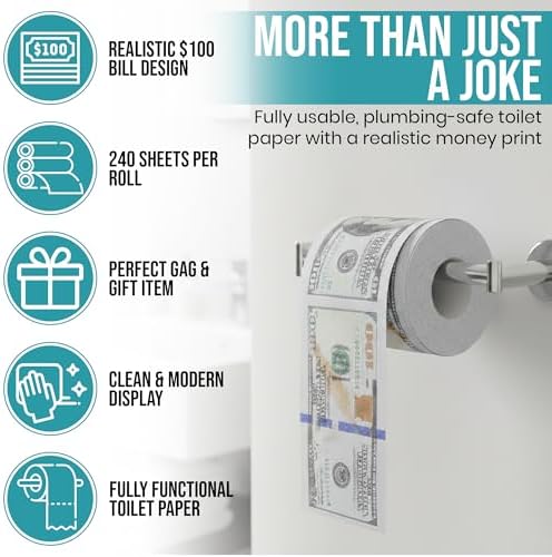 Papel Higiénico de Broma Iconikal de 240 Hojas, Billete de $100 Dólares, 1 Rollo - imagen 2