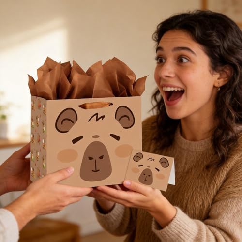 Bolsa de Regalo de Cumpleaños LankYavascript con Papel de Seda y Tarjeta, Decoración de Fiesta Tema Animal Marrón - imagen 4