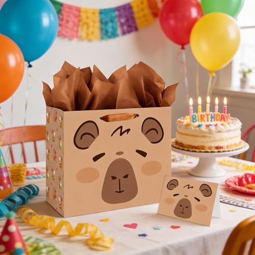 Bolsa de Regalo de Cumpleaños LankYavascript con Papel de Seda y Tarjeta, Decoración de Fiesta Tema Animal Marrón - imagen 5