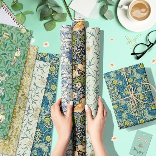 Juego de 12 Hojas de Papel Regalo William Morris | 6 Diseños de Vides Florales en Verde | Papel para Regalos de Cumpleaños, Bodas y Baby Shower, - imagen 5