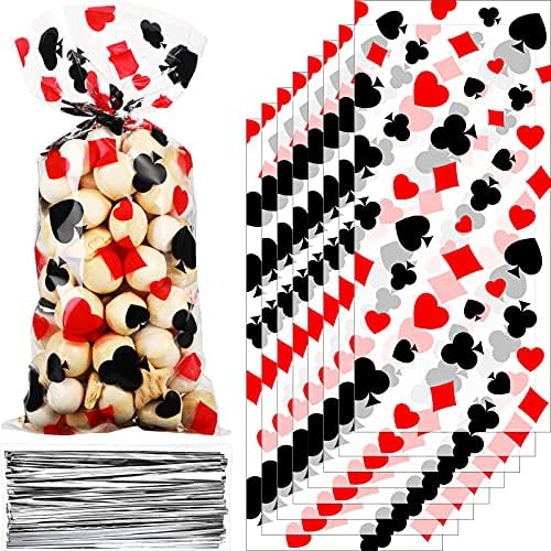Bolsitas de Celofán para Fiesta de Co Sumind, 100 Piezas, Negro y Rojo, con 100 Cierres Plateados para Suministros de Cumpleaños de Póker - imagen 1