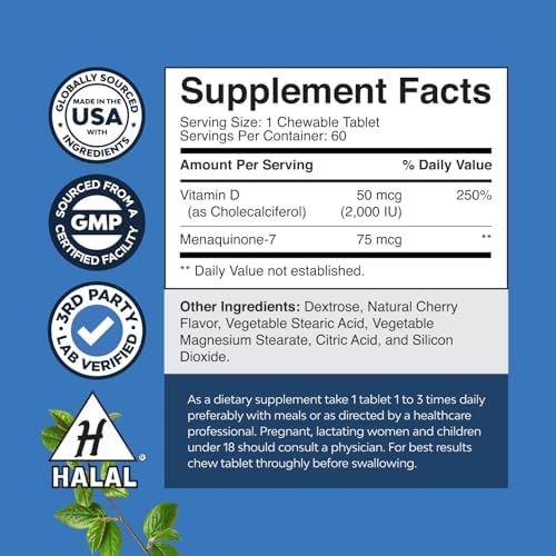 Suplemento de Vitamina D3 con K2 MK7 - Tabletas de Vitamina D3 2000 IU y K2 para Apoyo Inmunológico, Salud Ósea, Salud Cardiaca y Ánimo - VIT - 60 - imagen 3
