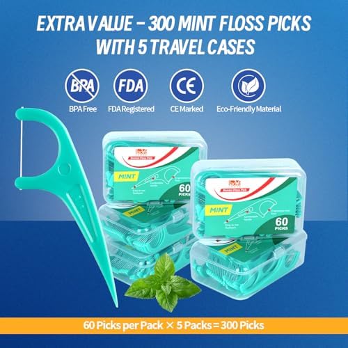 LAOYE Palillos de Hilo Dental, 300 Piezas de Sabor Menta, Incluye 5 Estuches de Viaje, Previene Caries, Elimina Placa y Refresca el Aliento - imagen 2
