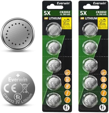 Baterías EVERWIN CR2032 Paquete de 10 - Batería de Litio 240 mAh 3v con Recubrimiento Amargo, Compatible con AirTag, Reloj, Control Remoto de Auto, - imagen 1