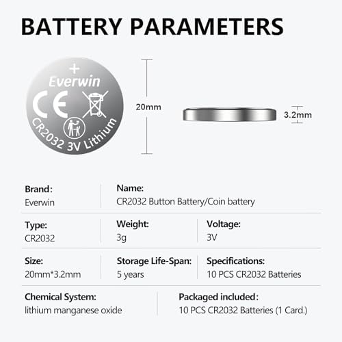 Baterías EVERWIN CR2032 Paquete de 10 - Batería de Litio 240 mAh 3v con Recubrimiento Amargo, Compatible con AirTag, Reloj, Control Remoto de Auto, - imagen 2