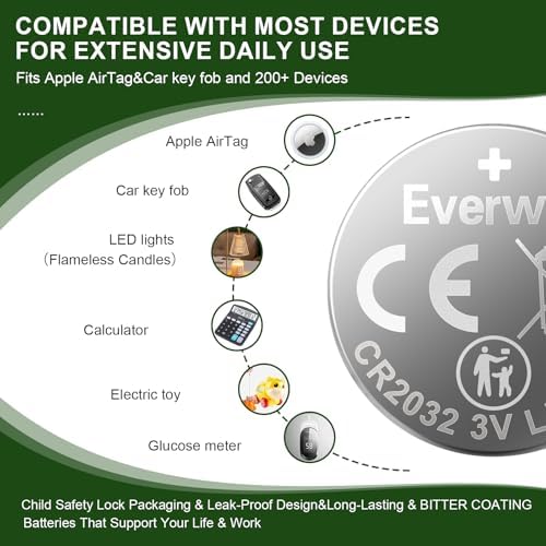 Baterías EVERWIN CR2032 Paquete de 10 - Batería de Litio 240 mAh 3v con Recubrimiento Amargo, Compatible con AirTag, Reloj, Control Remoto de Auto, - imagen 3
