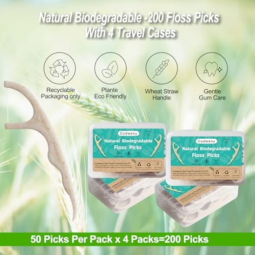 Palillos de Hilo Dental Biodegradables de Paja de Trigo, 200 Piezas con Mango Natural, Cuidado Oral, Incluye 4 Estuches de Viaje Prácticos - imagen 2
