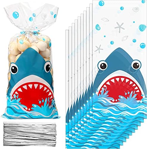 100 Bolsas de Fiesta de Tiburón, 12.5 x 27.5 cm, Bolsas de Plástico para Dulces de Cumpleaños con 100 Cintas Plateadas para Fiesta de Verano en el Mar - imagen 1