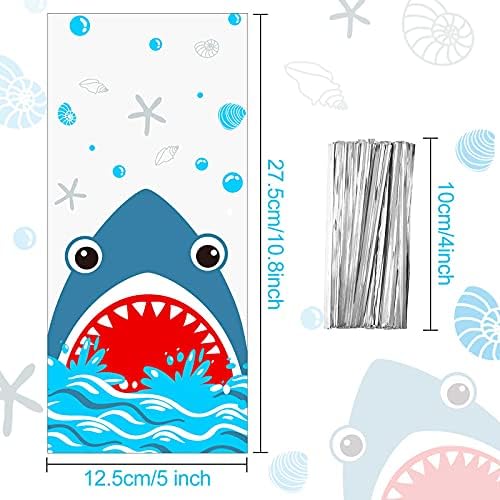 100 Bolsas de Fiesta de Tiburón, 12.5 x 27.5 cm, Bolsas de Plástico para Dulces de Cumpleaños con 100 Cintas Plateadas para Fiesta de Verano en el Mar - imagen 2