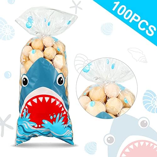 100 Bolsas de Fiesta de Tiburón, 12.5 x 27.5 cm, Bolsas de Plástico para Dulces de Cumpleaños con 100 Cintas Plateadas para Fiesta de Verano en el Mar - imagen 3