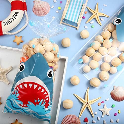 100 Bolsas de Fiesta de Tiburón, 12.5 x 27.5 cm, Bolsas de Plástico para Dulces de Cumpleaños con 100 Cintas Plateadas para Fiesta de Verano en el Mar - imagen 4