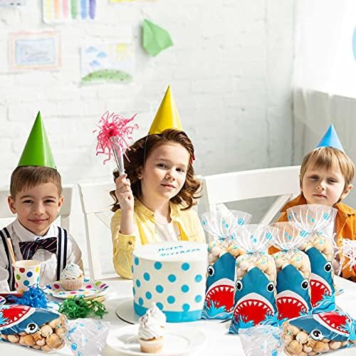 100 Bolsas de Fiesta de Tiburón, 12.5 x 27.5 cm, Bolsas de Plástico para Dulces de Cumpleaños con 100 Cintas Plateadas para Fiesta de Verano en el Mar - imagen 6