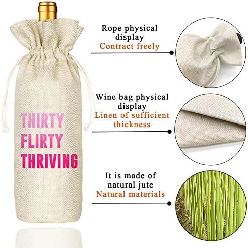 Bolsa de Vino Socive Thirty Flirty Thriving para Cumpleaños 30, Regalos Divertidos y Lindos, Bolsa de Lino con Cierre para Mujeres - imagen 3