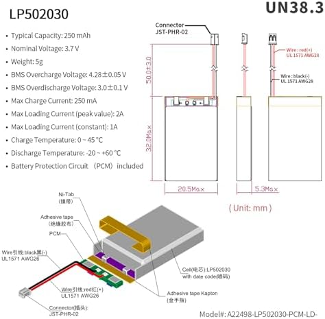 Batería de polímero de litio EEMB 3.7V 250mAh 502030 recargable con conector JST 2.0mm para VXI Blue Parrott - Verifica dispositivo y polaridad antes - imagen 3