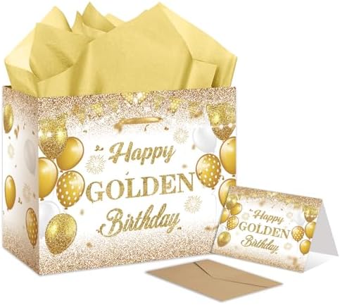 Bolsa de Regalo de Cumpleaños Dorado RTMISA con Papel de Seda y Tarjeta de Felicitación, Suministros de Fiesta en Blanco y Dorado para Hombres y - imagen 1