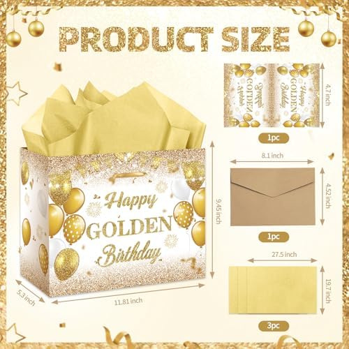 Bolsa de Regalo de Cumpleaños Dorado RTMISA con Papel de Seda y Tarjeta de Felicitación, Suministros de Fiesta en Blanco y Dorado para Hombres y - imagen 2