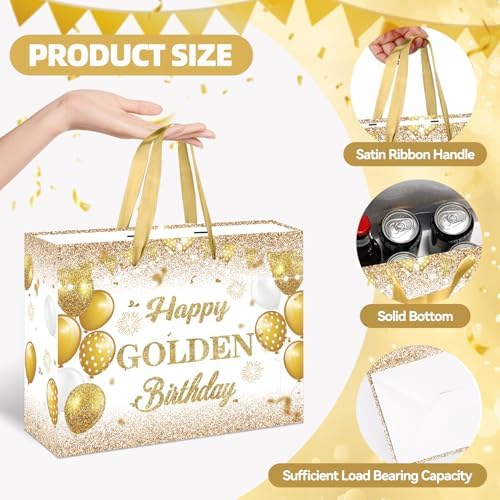 Bolsa de Regalo de Cumpleaños Dorado RTMISA con Papel de Seda y Tarjeta de Felicitación, Suministros de Fiesta en Blanco y Dorado para Hombres y - imagen 3