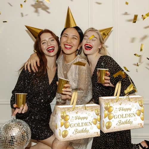 Bolsa de Regalo de Cumpleaños Dorado RTMISA con Papel de Seda y Tarjeta de Felicitación, Suministros de Fiesta en Blanco y Dorado para Hombres y - imagen 4
