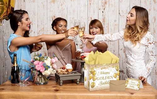 Bolsa de Regalo de Cumpleaños Dorado RTMISA con Papel de Seda y Tarjeta de Felicitación, Suministros de Fiesta en Blanco y Dorado para Hombres y - imagen 5