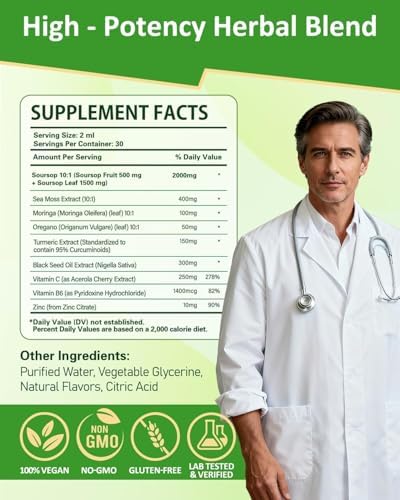 Gotas Líquidas ZonaVitalis de Soursop 9 en 1 con Musgo Marino, Moringa, Cúrcuma, Orégano y Semilla Negra | Bienestar General | Vegano, No GMO | 2 fl - imagen 4