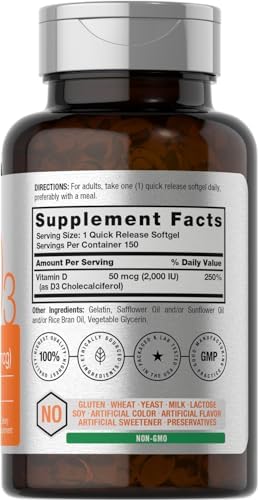 Suplemento Horbaach Vitamina D3 2000UI en Softgels | 150 Cápsulas | 50mcg de Colecalciferol | Libre de GMO y Gluten - imagen 2