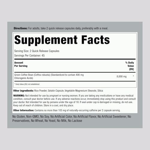 Extracto de Grano de Café Verde Piping Rock | 90 Cápsulas | Suplemento Dietético | Sin OGM, Libre de Gluten - imagen 2