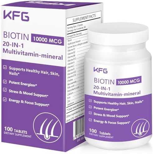 KFG Biotina 10000mcg, Multivitamínico para Mujeres con Queratina, Colágeno, Calcio, Niacinamida y Vitaminas A, B, D, C, E, 100 Tabletas para Cabello, - imagen 1